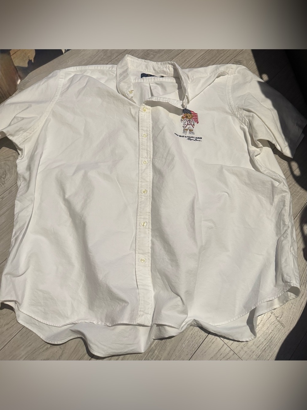 Ralph Lauren White Button-Down Shirt with Embroidered Polo Bear and Flag